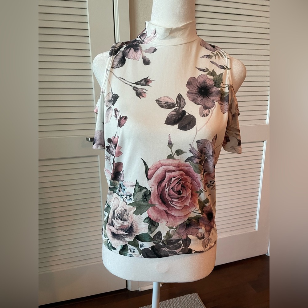 Mock Turtle Neck Cold Shoulder Floral Top